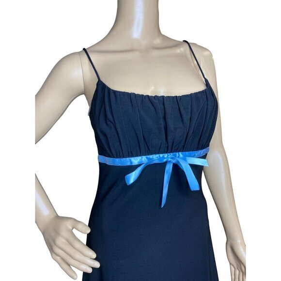 Y2K Taboo Black Dress With Blue Ribbon Asymmetric Hem Spaghetti Straps Ruched Bu - Picture 2 of 7
